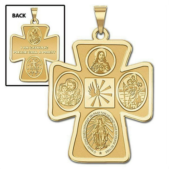 Four Way Religious Medal - 1 Inch x 1 Inch- 14k Yellow Gold