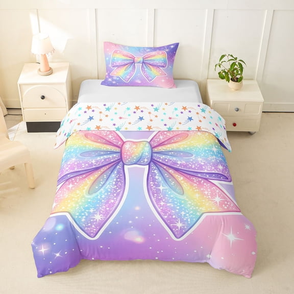 spefrowx Sparkly Rainbow Bow Twin Duvet Cover for Teens, Dreamy Glitter Star Print Twin Bedding, Stars Reversible, 2-Piece, 1 Duvet Cover and 1 Pillowcase