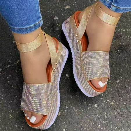 

Cathalem Sandals Women with Bunions Shoes Strap Rhinestone Summer Womens Buckle Outdoor Sandals Women s Flat Sandals Gold 10