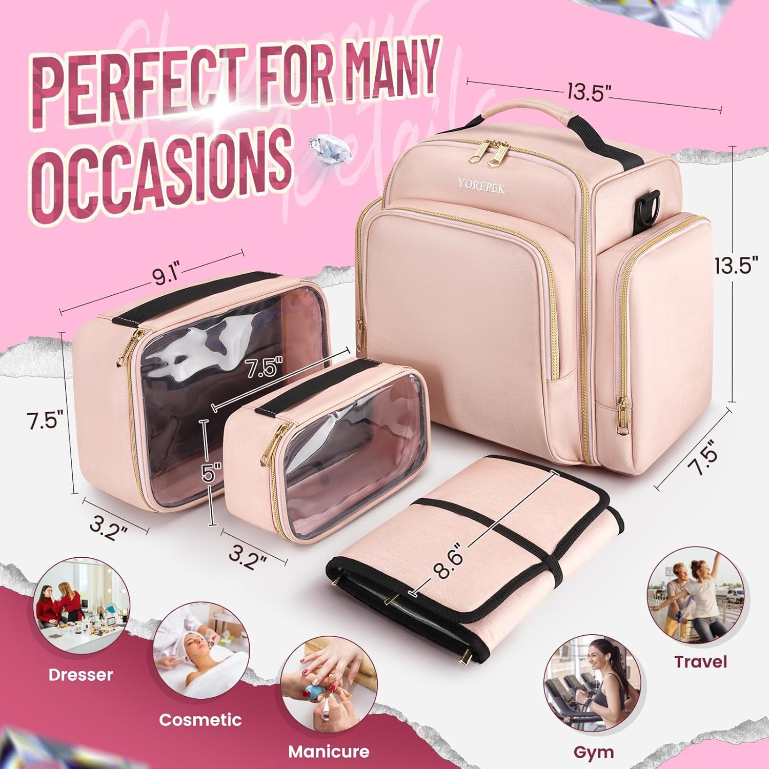 YOREPEK Large Travel Makeup Bag Organizer with 4 Removable Cases & 1 Jewelry Organizer Roll, Multiple Storage Pockets Cosmetic Bag Holds Toiletries/Skin Care/Hair Supplies/Brush, Gift for Women