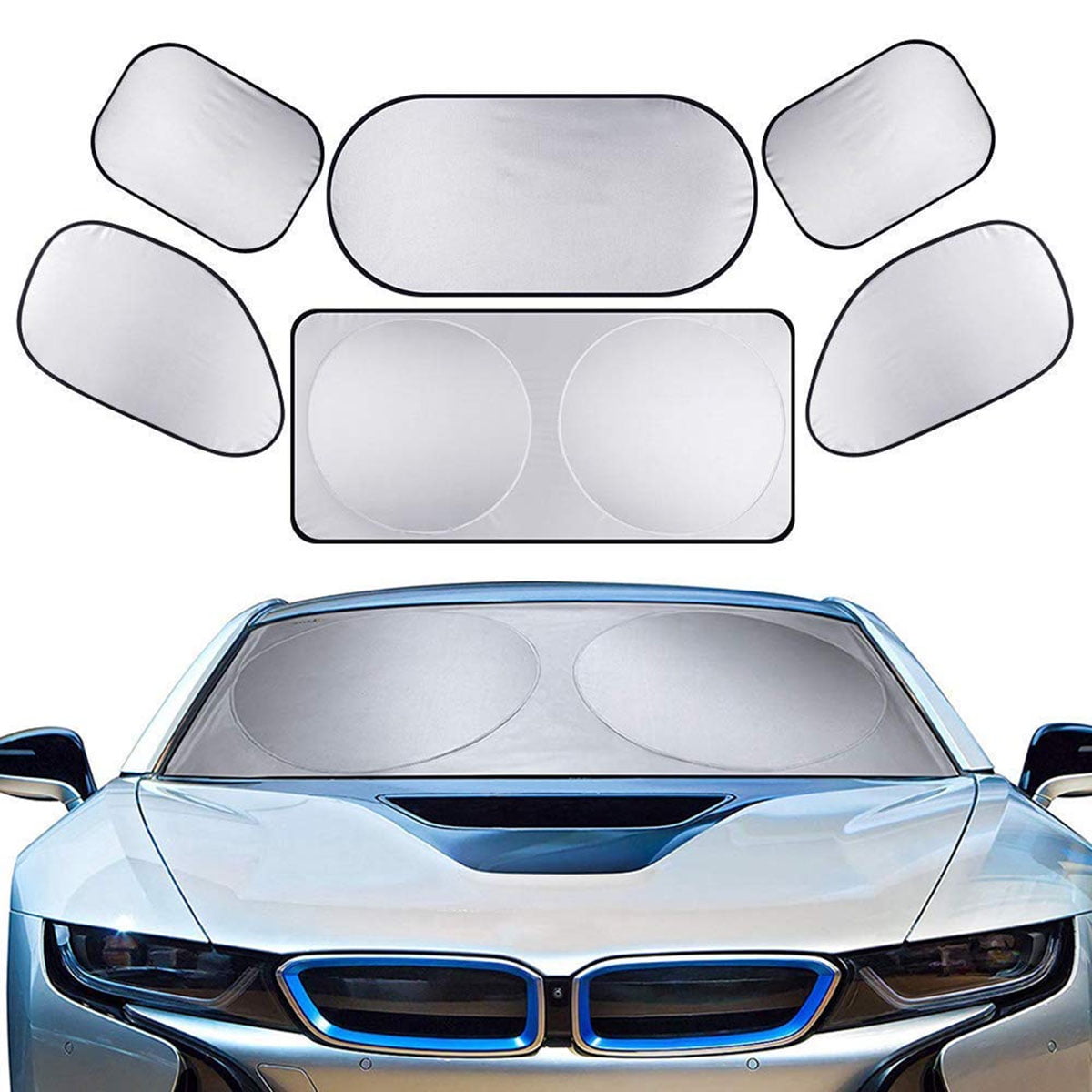 Keeps Vehicle Cool Block UV Protection Foldable Reflective Coating Side Front Rear Window Reflective Shade for All Cars SUV Truck 6Pcs/Set Full Car Windshield Sun shade 