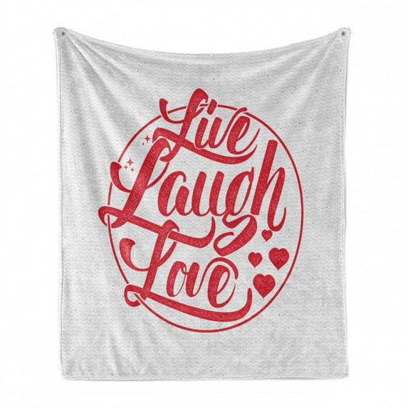 Live Laugh Love Soft Flannel Fleece Throw Blanket, Retro Style Calligraphy Old Fashioned Stamp Design Red Hearts and Stars, Cozy Plush for Indoor and Outdoor Use, 50" x 60", Coconut Red, by Ambesonne