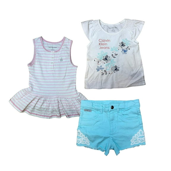 Calvin Klein Jeans Girls 3 Piece Mint Short Set Pink, 6X