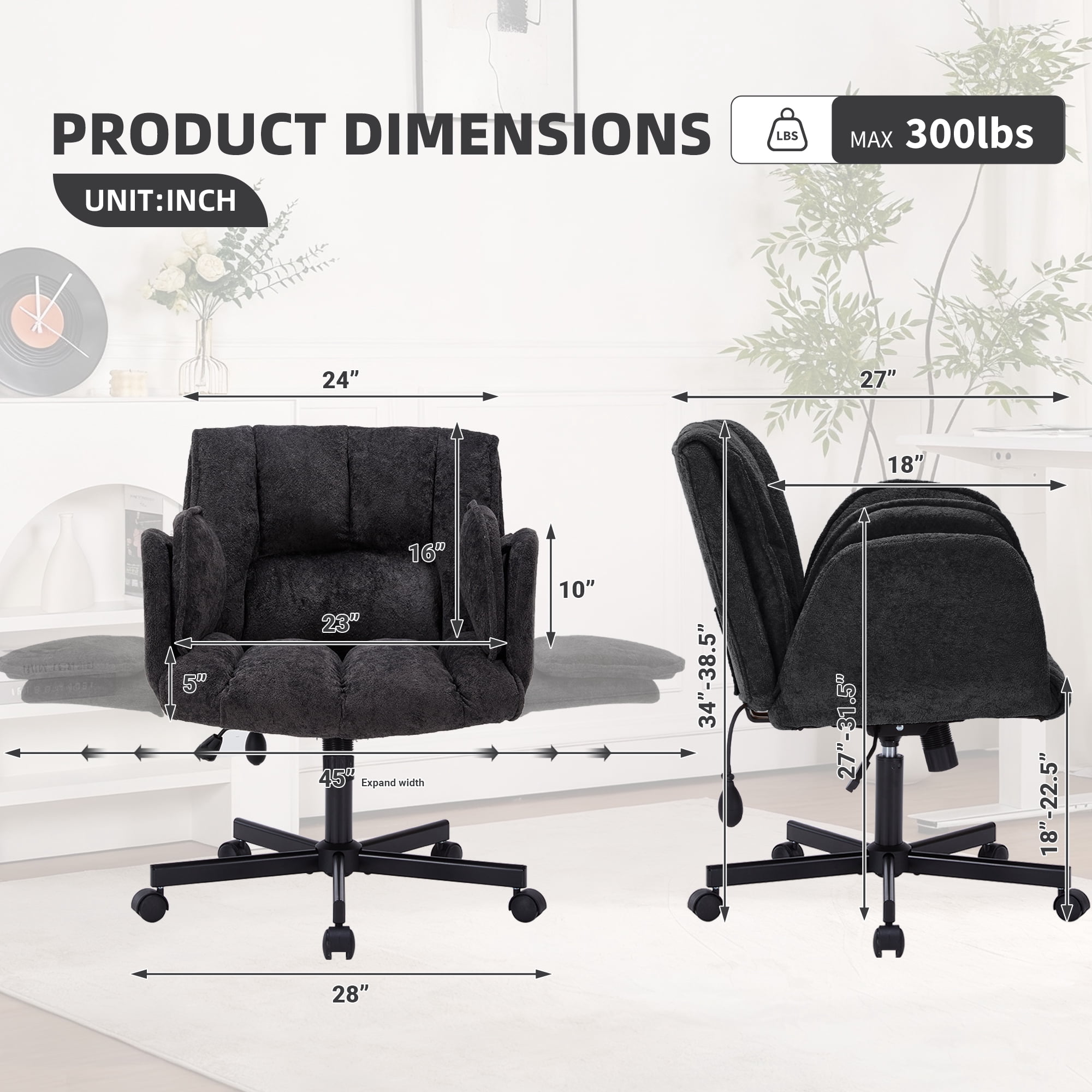 Cross Legged Office Chair with Wheels & Dynamic Airbag Lumbar Support, Criss Cross Wide Seat, 5-Position Fold-Down Armrests, Swivel Vanity Chair for Home Office, Black