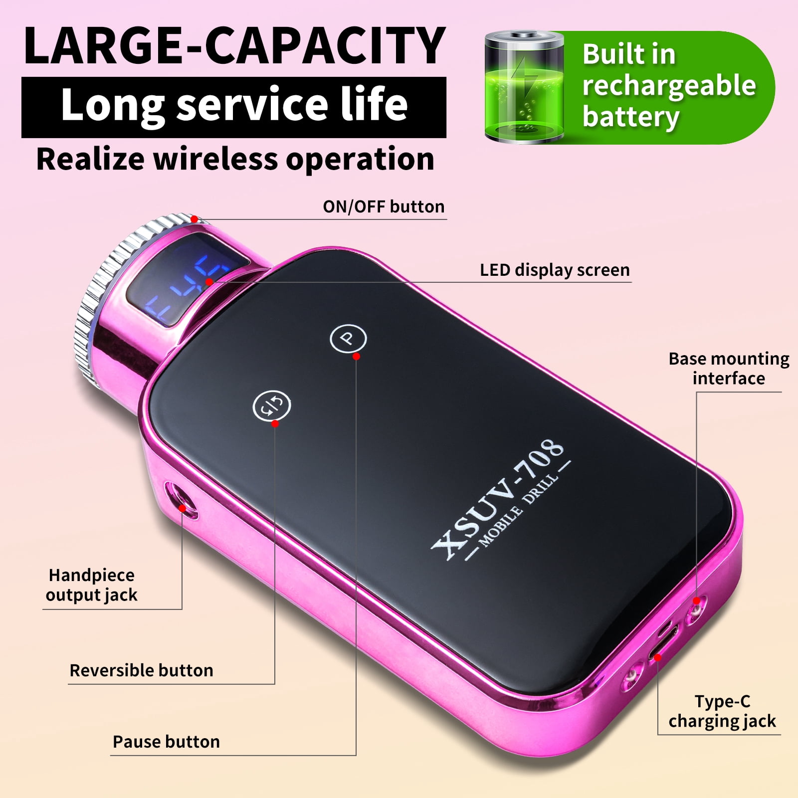 Nail Drill Professional, 45000RPM Electric Nail File for Acrylic & Gel Removal, 2-in-1 Desktop & Portable, LCD Display, Rechargeable, Quiet
