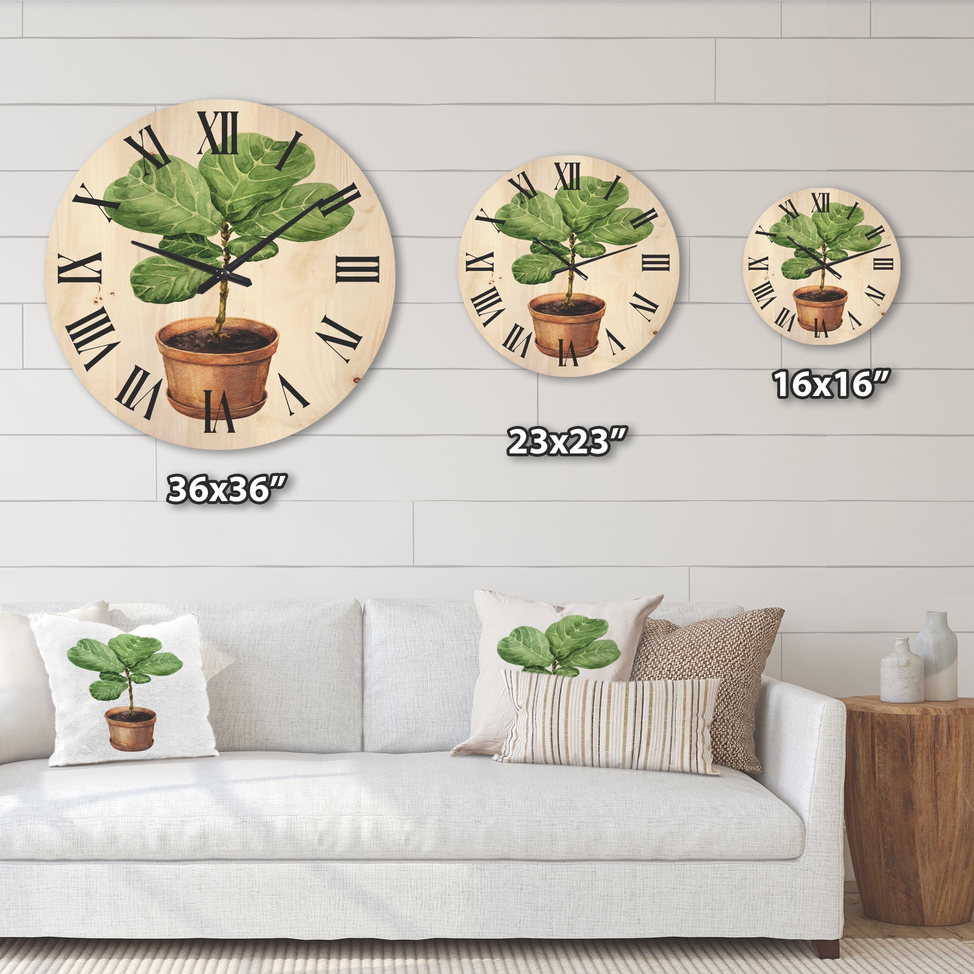 Designart 'Ficus Lyre Plant In Clay Flowerpot' Traditional Wood Wall Clock