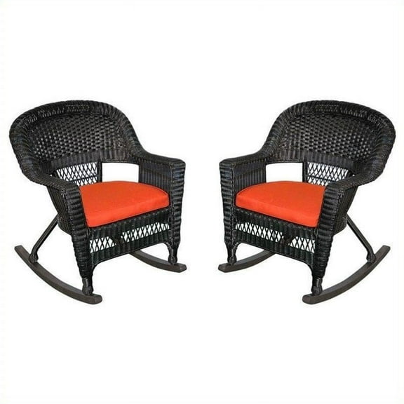 Jeco Wicker Rocker Chair in Black with Red Cushion (Set of 2)