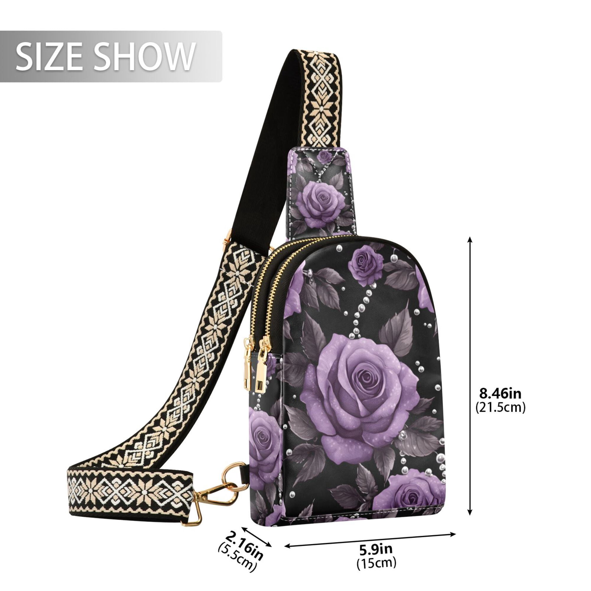 FORMRS Womens Crossbody Sling Bag Travel Daypack Shoulder Chest Backpack, Black Roses