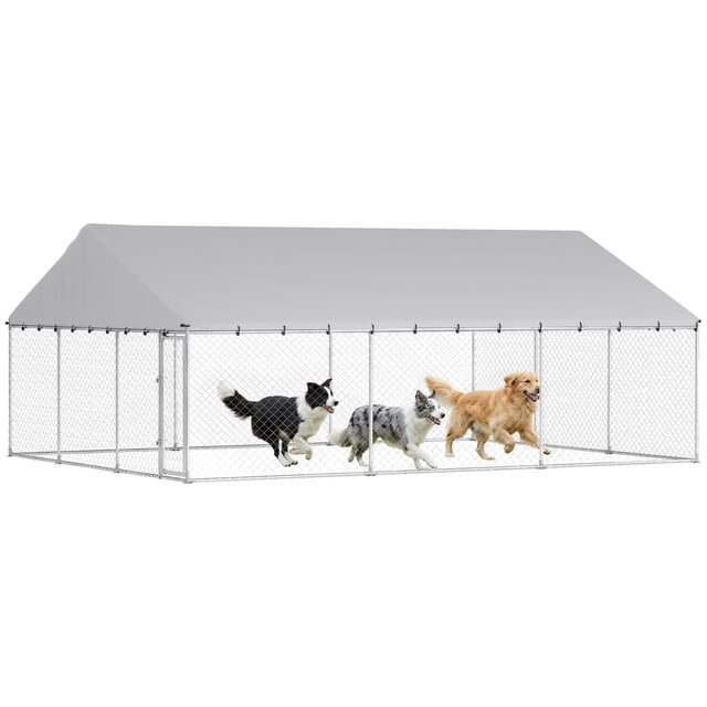 PawHut Outdoor Dog Kennel with Roof, Steel Dog Fence, 19.7' x 14.8' x 7.9'