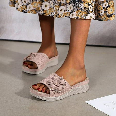 

Binmer Summer New Women Flower Casual Slope Heel Large Slippers