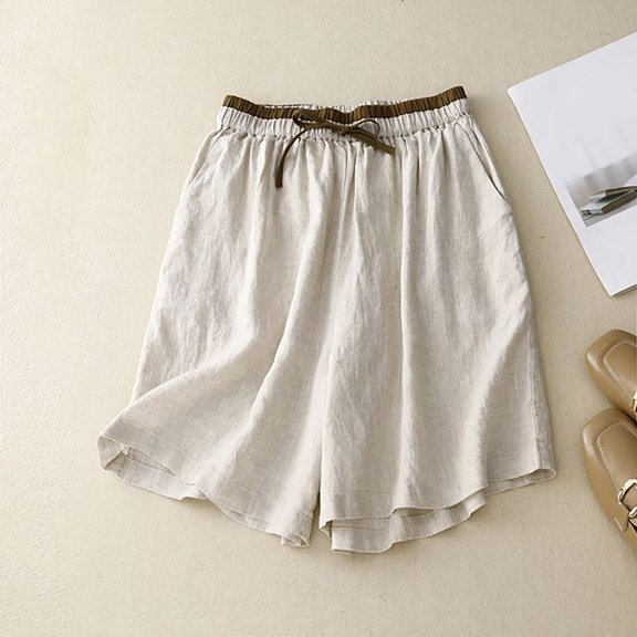 OIUUAK Spliced elastic Waist Tie Cotton And Linen Wide Leg Pants Shorts for Women Loose Summer New Casual Five Point Pants, Womens Petite Shorts, Petite Shorts for Women, Linen Shorts for Women