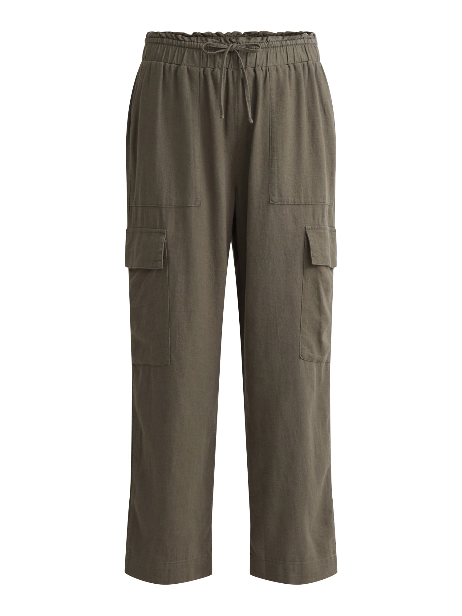 Time and Tru Women’s and Women’s Plus Linen Blend Cropped Cargo Pants, 27" Inseam, Sizes XS-3XL