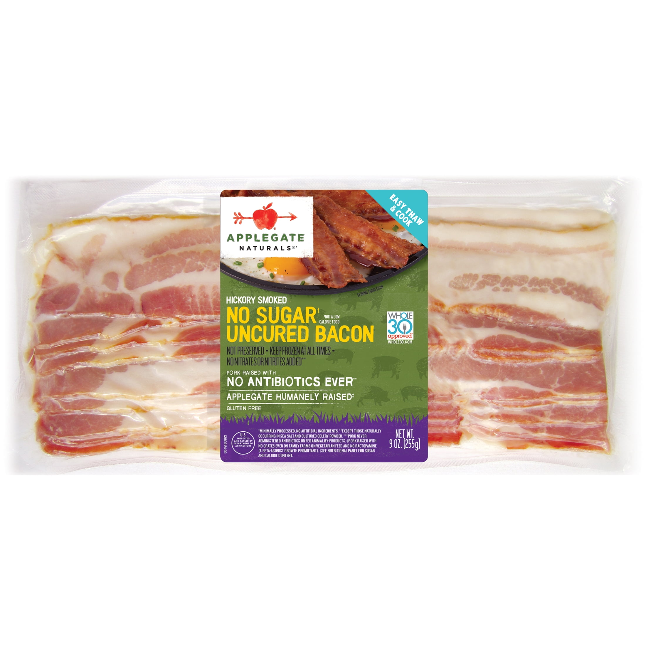 Applegate Natural Hickory Smoked No Sugar Uncured Bacon, 9oz (Frozen)