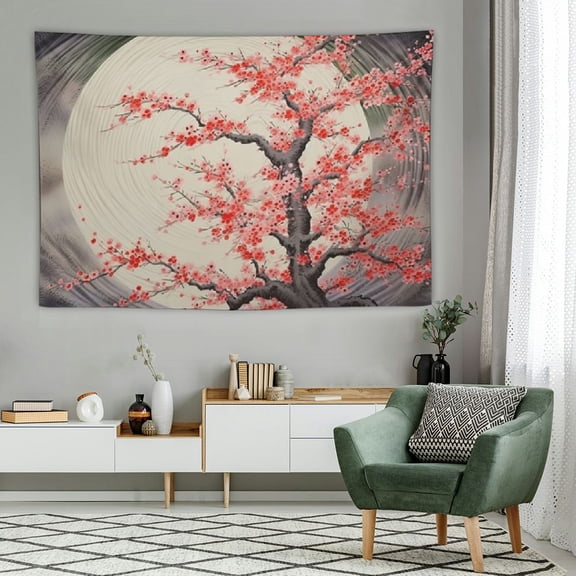 Creowell Cherry Blossom Tapestry, Japanese Folkloric Themed Sakura Tree, Wide Wall Hanging for Bedroom Living Room Dorm,60x40 Inch, Grey Yellow Dark Coral 60x40in
