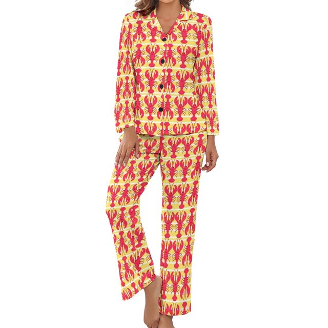 Ensembles de Pyjama pour Femmes Imprimé Homards Pyjamas Mode Rose et Bleu Vêtements de Nuit Printemps Manches Longues 2 Pcs Décontracté