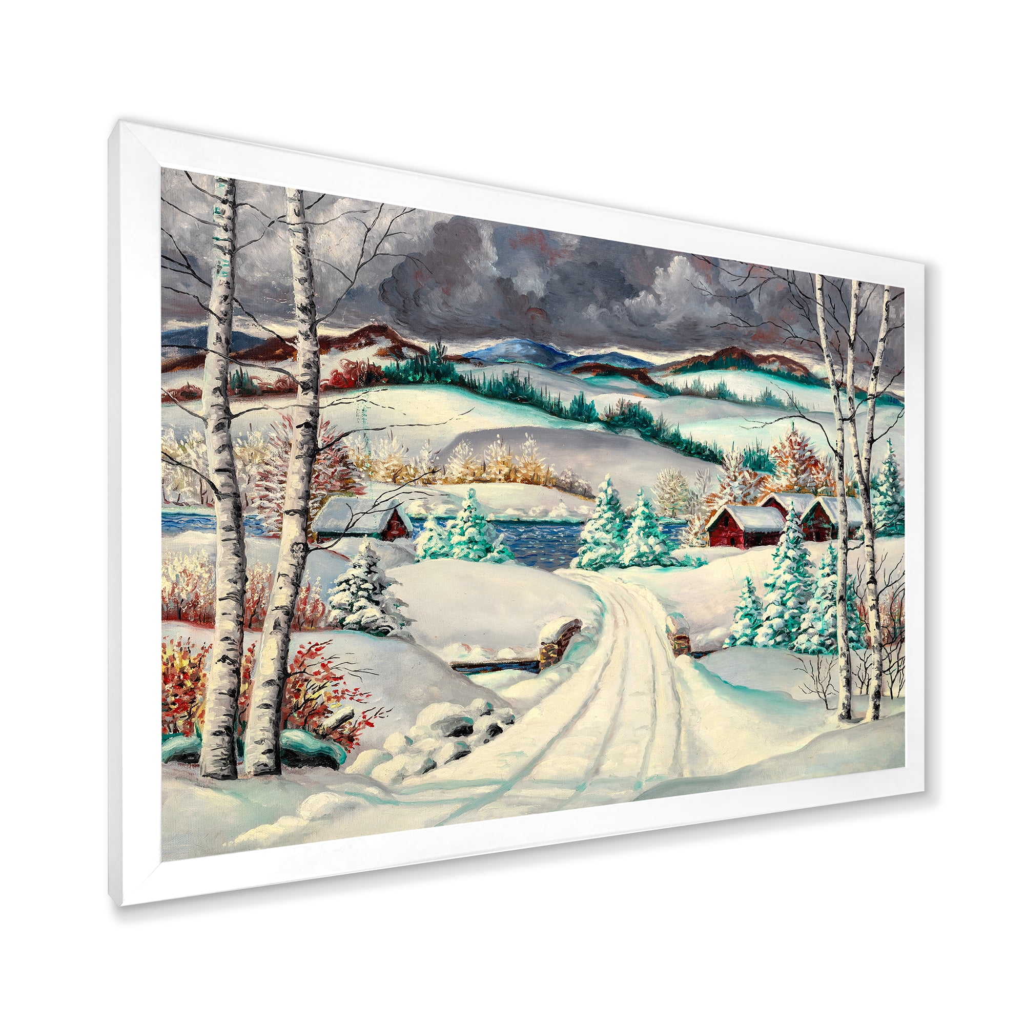 Designart 'Snowy Road In Countryside Winter Landscape' Traditional Framed Art Print