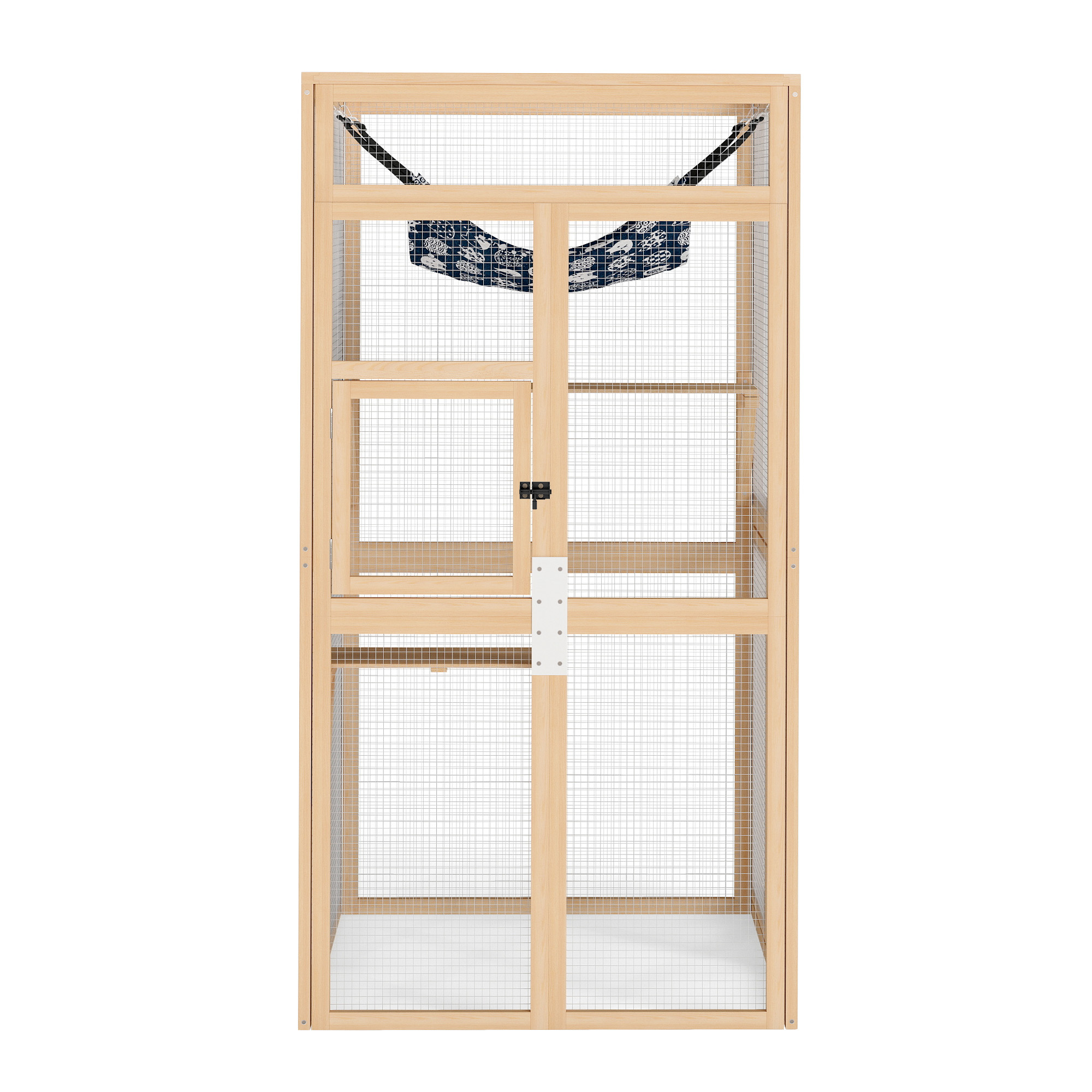 Pefilos 64" Cat House Outdoor Catio Cat Enclosures Wooden Kitty House with Platforms, Waterproof Roof, Hammock, Beige
