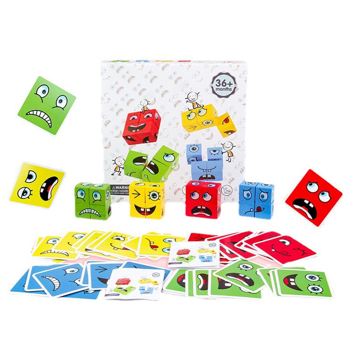 64 Cards With Bell FUFUFA Clap Bell and Have Fun Expression Blocks Wooden Puzzle Building Cubes Funny Faces
