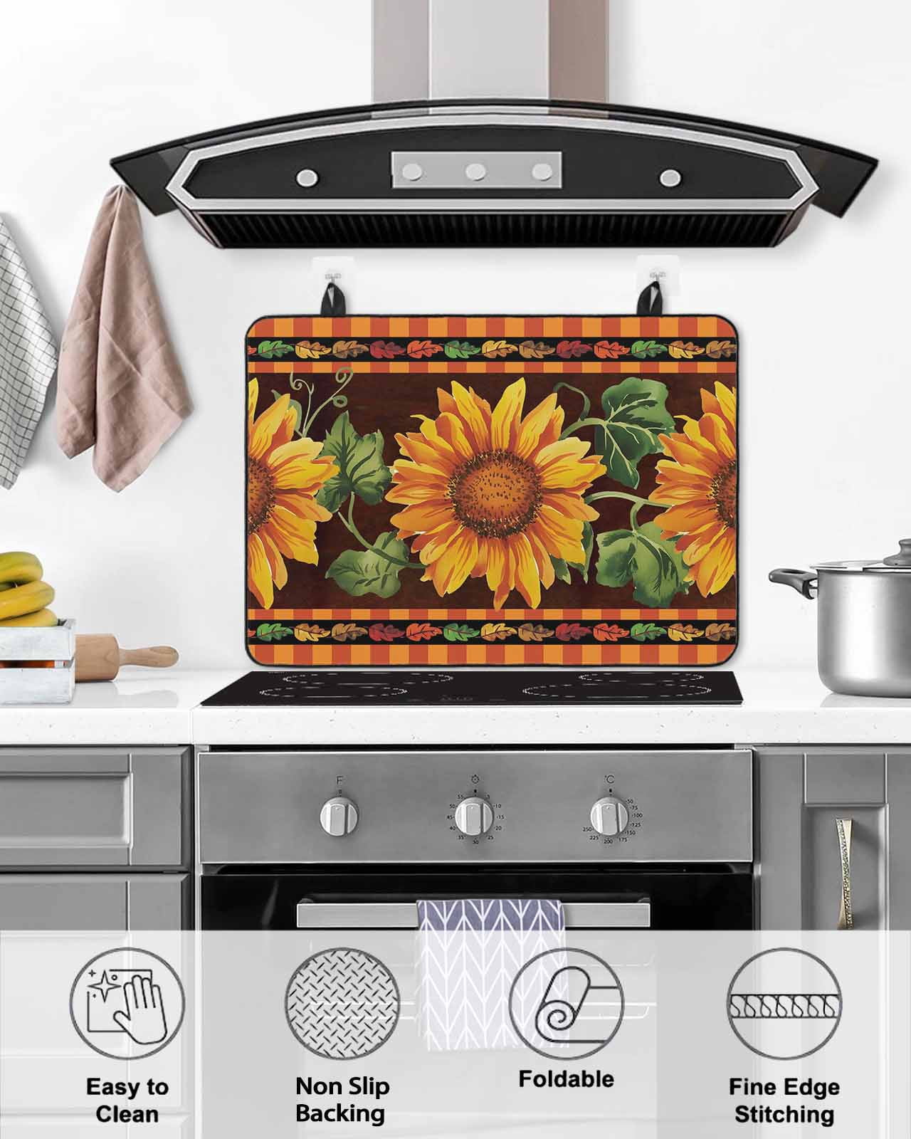 Large Induction Cooktop Protector Mat Sunflowers Stove Top Covers for Electric Stove, Farmhouse Vintage Flowers Leaves Orange Stripes Decorative Stove Burner Cover Mats, Glass Top Stove Cover