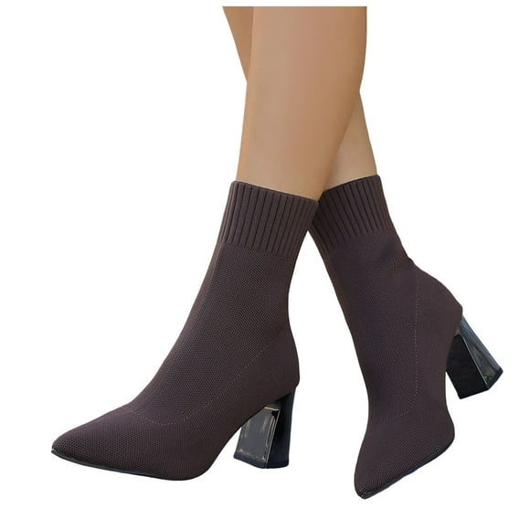 Women's Slip on Socks Dress Boots for Ladies Sexy Winter Fall Knit Pointed Toe Chunky High Heels Mid Calf Ankle Booties