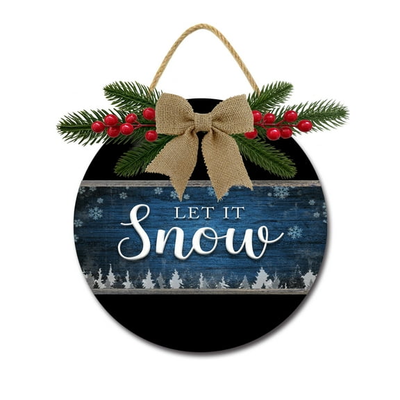 Let It Snow Sign for Front Door Decorations, Rustic Round Wood Holiday Sign, Front Door Wreath Burlap Wooden Hanging Signs for Outdoor Farmhouse Porch Home Christmas Holiday Decor