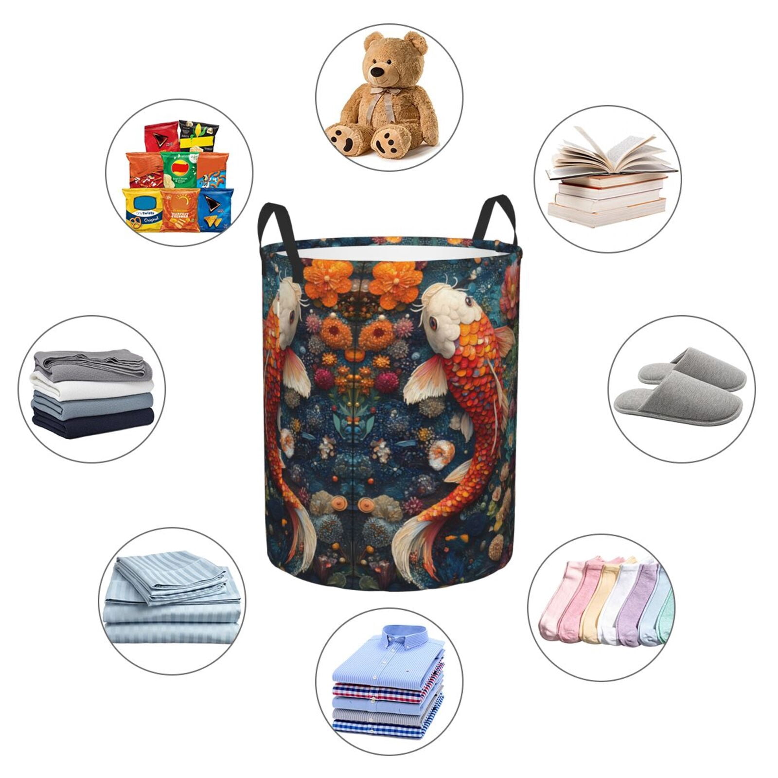 Large Laundry Basket with Handles - Vibrant Koi and Flowers Kids Baby Dirty Clothes Laundry Hamper for Bedroom Aesthetic