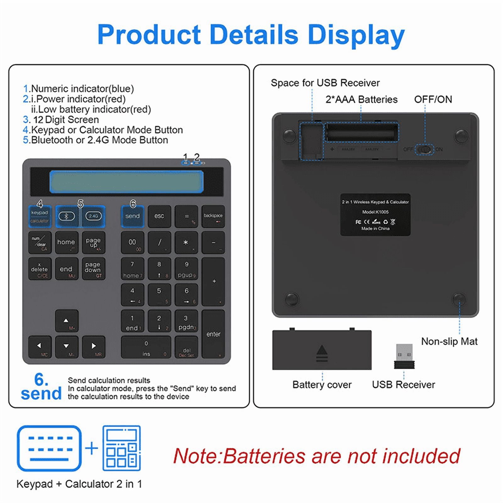 JOMAA Bluetooth +2.4G Wireless Numeric Keyboard with Display Calculator Wireless Number Keypad Financial Accounting Numpad Data Entry