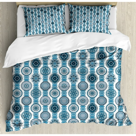 Ethnic Duvet Cover Set King Size, Vertical Style Composition with Middle Eastern Elements in Blue Shades, Decorative 3 Piece Bedding Set with 2 Pillow Shams, Blue Pale Blue and White, by Ambesonne