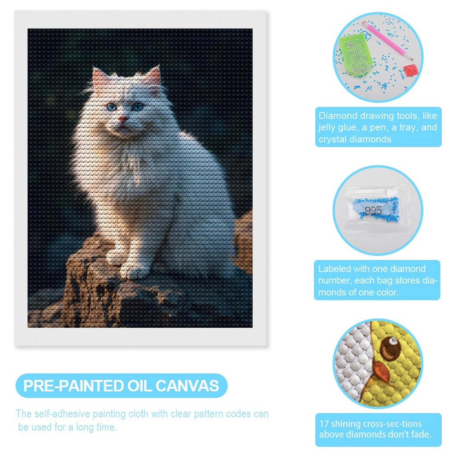 Diamond Art Kits for Adults, White Cat Blue Eyes Sunlit Rock 5D Diamond Painting Kits for Adults Beginners, DIY Full Drill Diamond Painting, Gem Art and Crafts 12x16