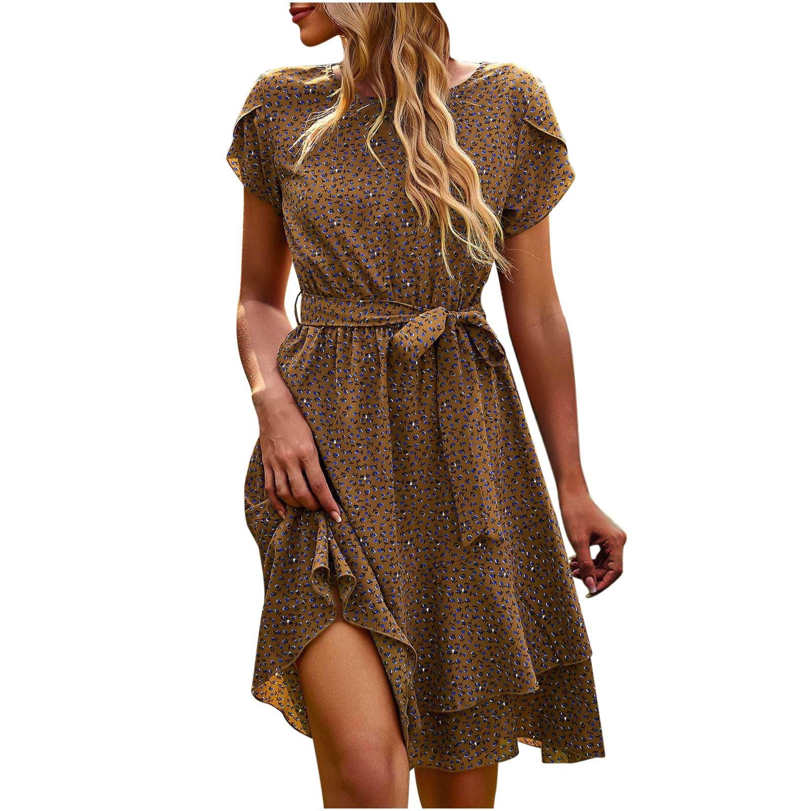 Dyegold Sun Dresses Women Summer Casual Short Sleeve Boho Ruffle Flowy Swing Mini Sundresses for