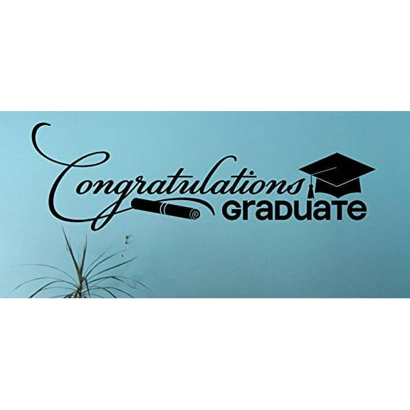 Congratulations Graduate Vinyl Decal Lettering with Graduation Cap & Diploma Art, 36x11-Inch, Black
