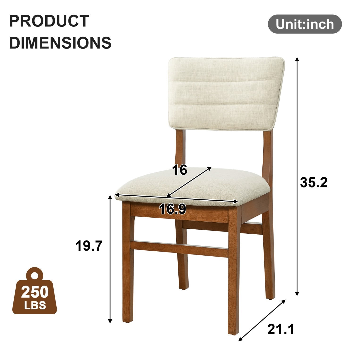 Upholstered Dining Chairs Set of 4, Mid Century Modern Kitchen & Dining Chairs with Ergonomic Back, Solid Rubberwood Frame, Fabric Side Chairs with Non-Slip Feet, Beige & Brown