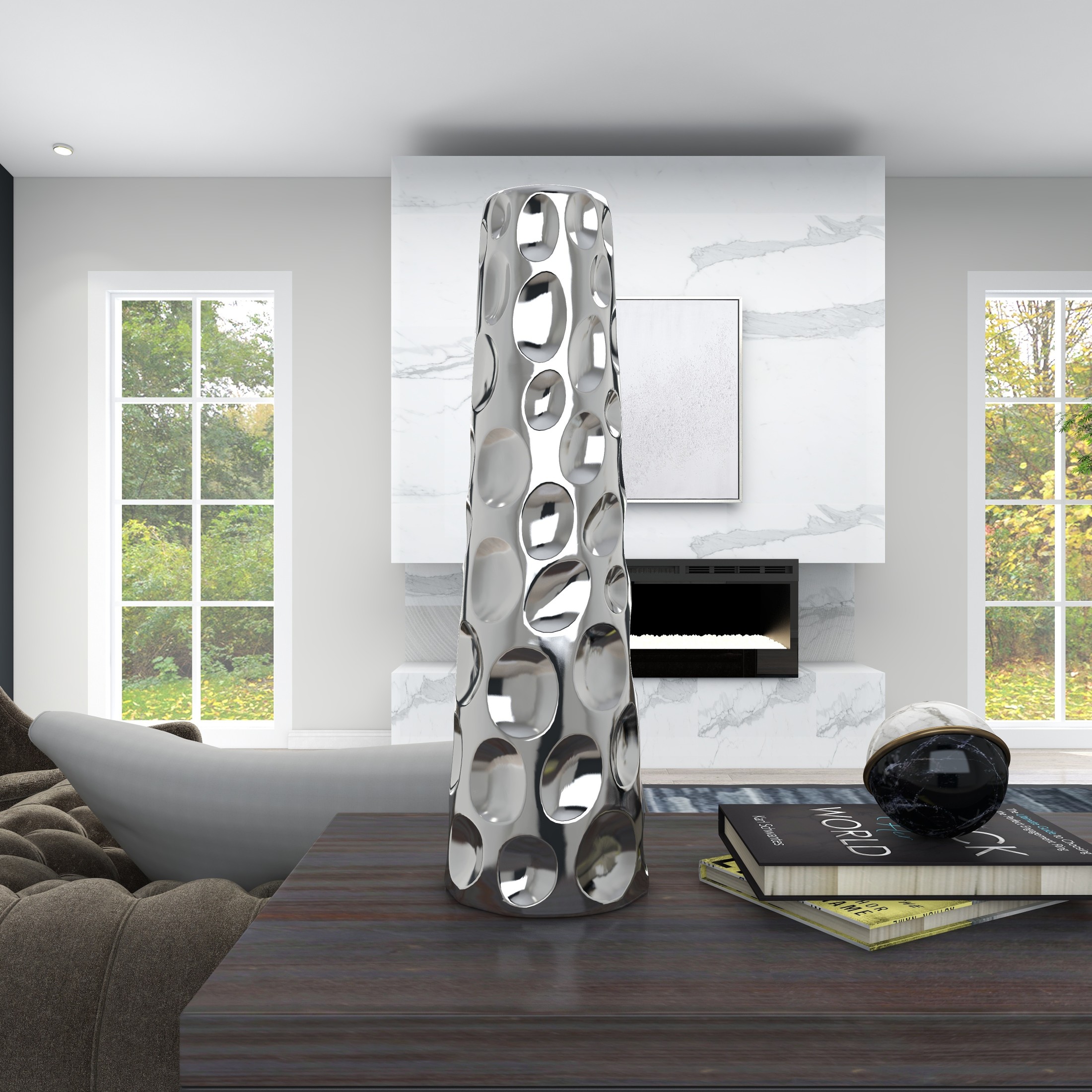 DecMode 20" Cone Silver Ceramic Vase with Concaved Bubble Texture