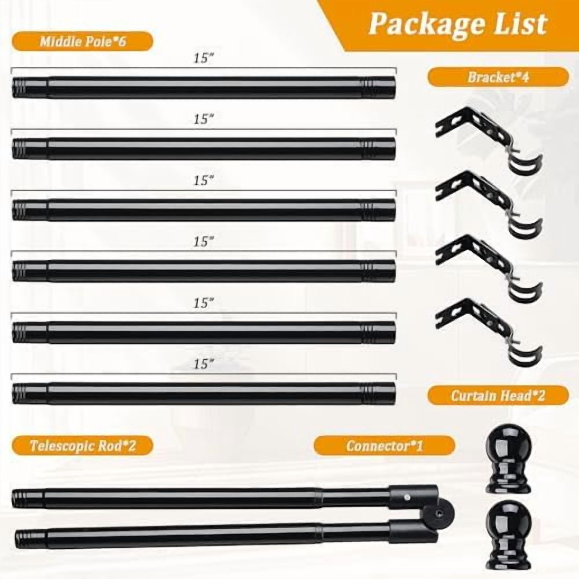 Corner Window Curtain Rods, L Shape Heavy Duty Curved Curtain Rods for Curtain Windows with Brackets, 30-136" Adjustable Curtain Rods for Bedroom, Living Room, Dinging Room, Black