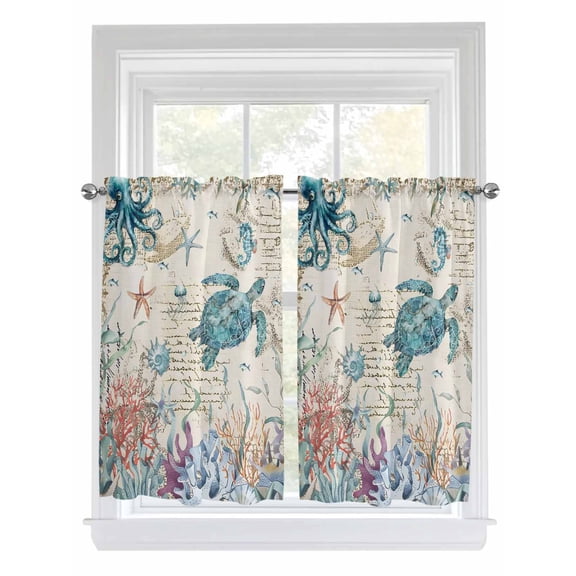 Vintage Coastal Living Room Curtains 2 Panel, Sea Turtle Octopus Coral Beach Nautical Cafe Window Treatment, Farmhouse Bedroom Bathroom Kitchen Curtains Drapes 104"x54"