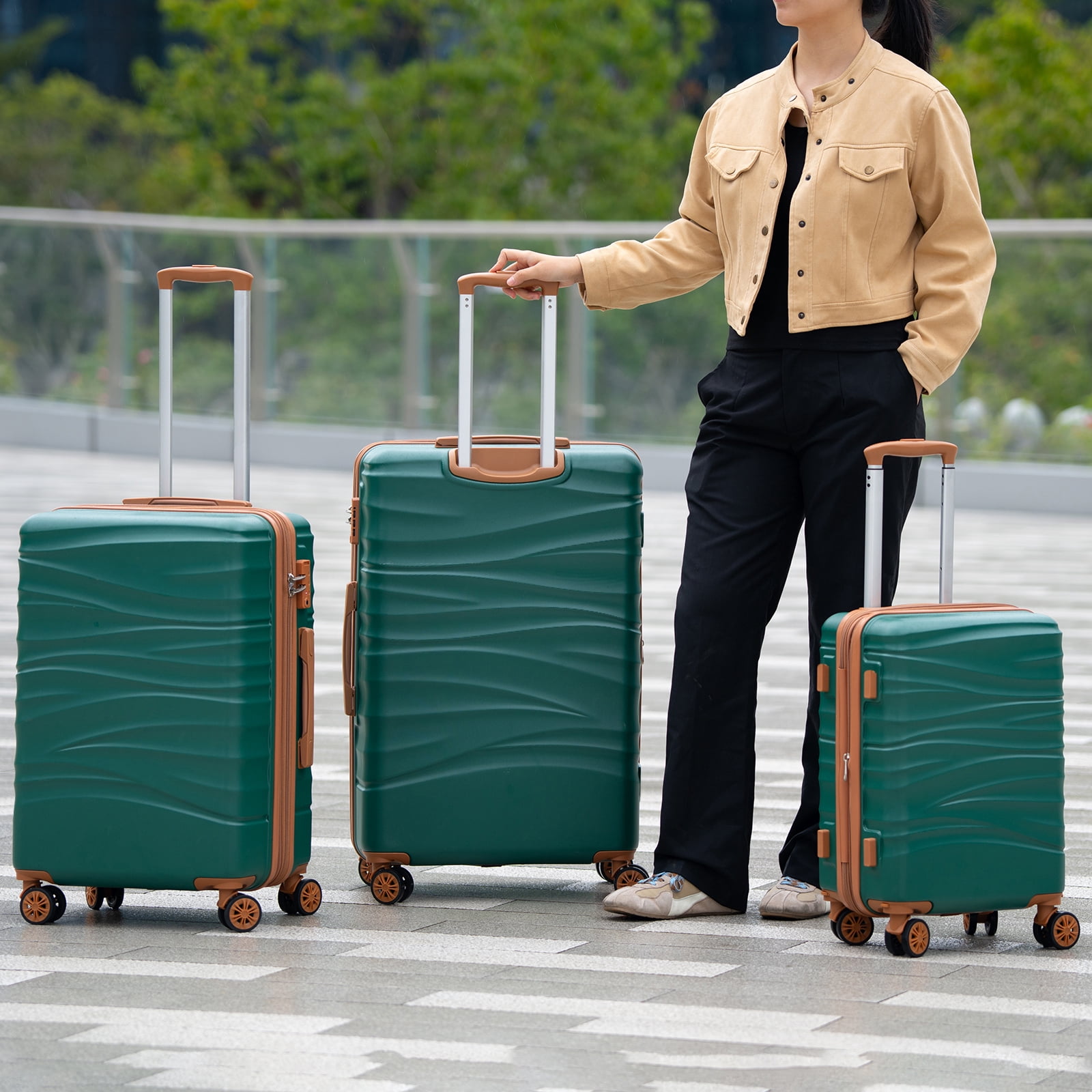 SUNSPIRE Luggage Set 22 24 28 inch Carry-on Checked Hardshell Suitcase 3PCS Travel Set Lightweight Expandable PC+ABS TSA Lock Dual Spinner, Green