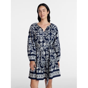 Time and Tru Women's and Women’s Plus Tie Neck Mini Peasant Dress, Sizes XS – 4X