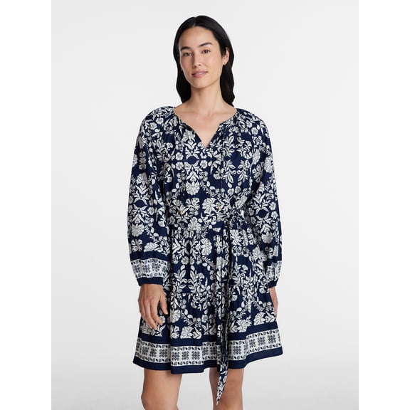 Time and Tru Women's and Women’s Plus Tie Neck Mini Peasant Dress, Sizes XS – 4X