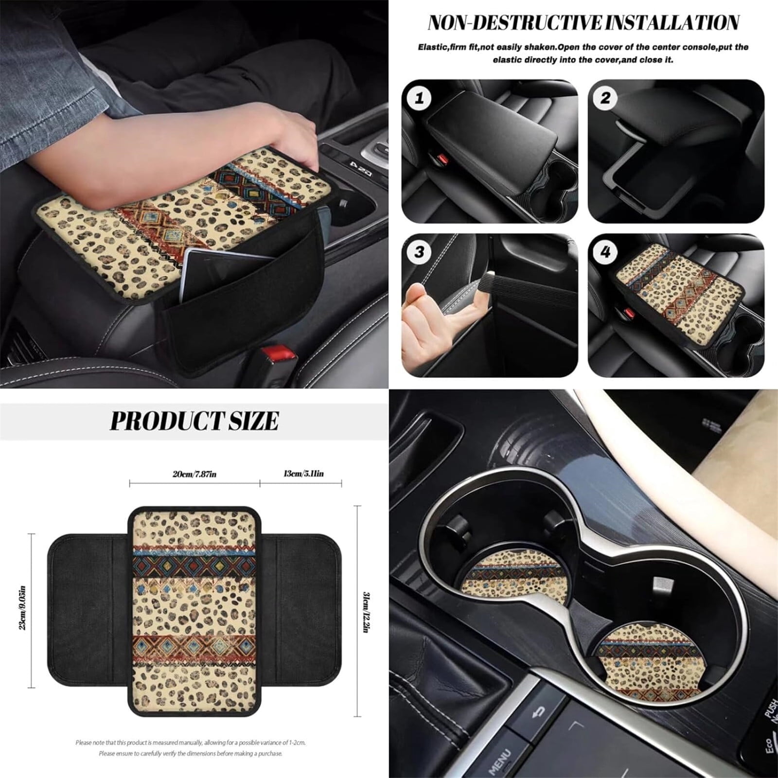 Yuyamidu 12pcs Leopard Print Front Car Seat Cover Set Aztec Ethnic Steering Wheel Cover Seatbelt Pad Armrest Pad Coasters Garbage Can Rear View Mirror Cover Keychain Air Vent Bag Universal Fit
