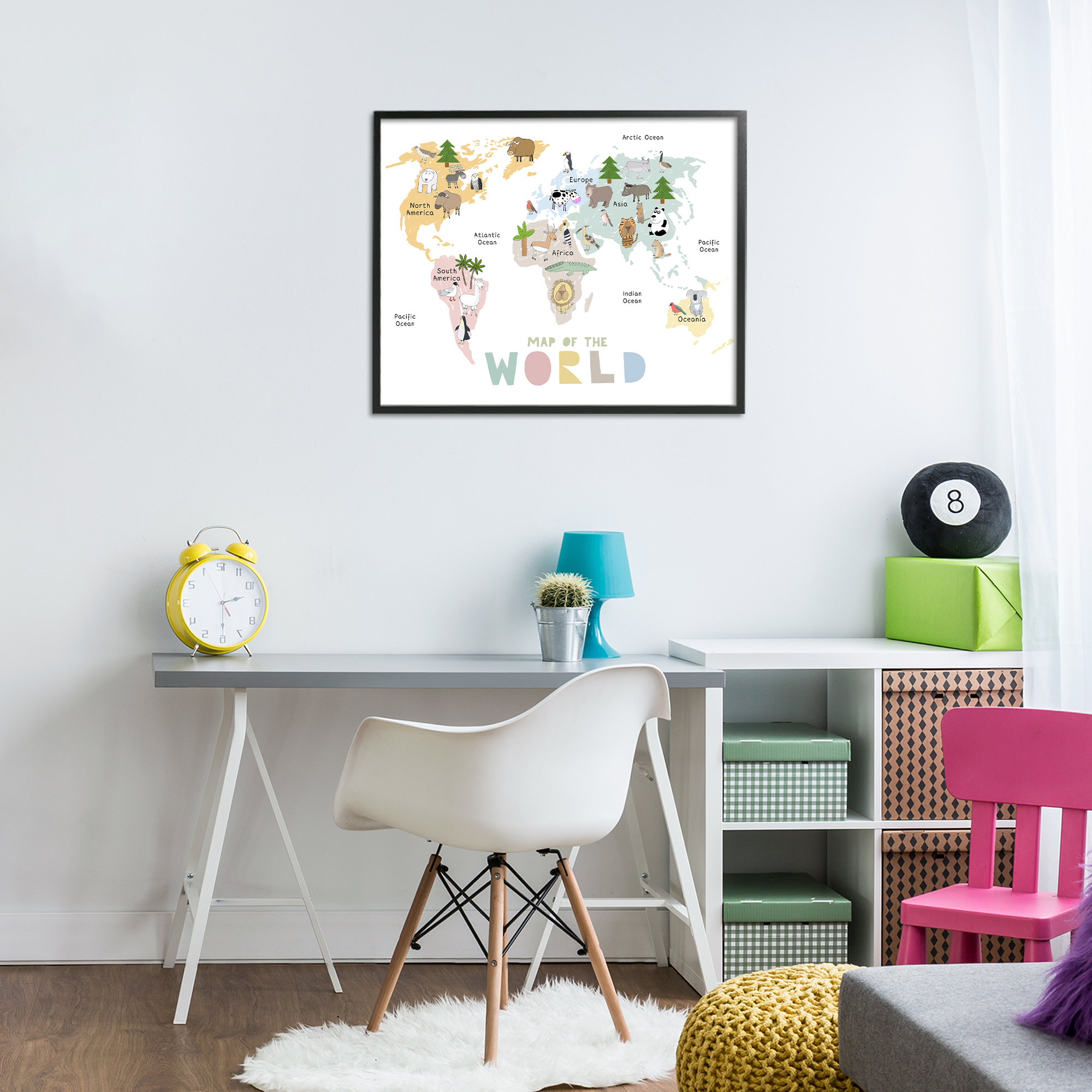 Map Of World Pastel Animals Black Framed Giclee Art, design by Carla Daly