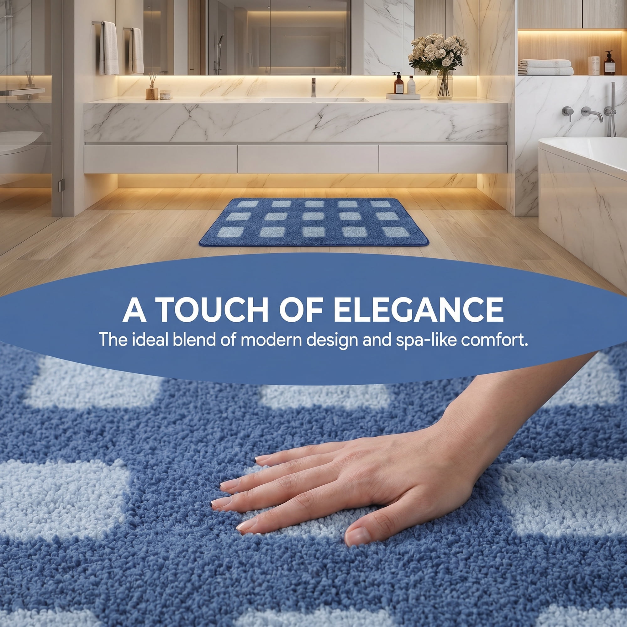 Unique Bargains Absorbent Non Slip Checkered Soft Plush Quick Dry Bath Mat Blue 24" x 16"
