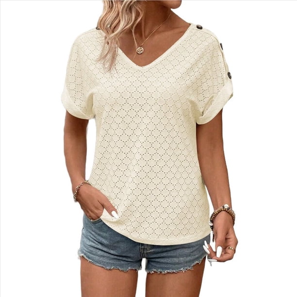 Camiseta con Bordado de Ojales para Mujer, Blusa Informal de Verano con Cuello en V, Blusa Holgada A , Color Albaricoque S