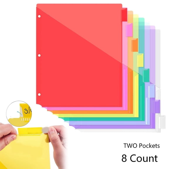 Plastic 8 Tab Dividers with Two Pockets, Pocket Dividers for 3 Ring Binders, Multicolor Binder Dividers with 8 Tabs