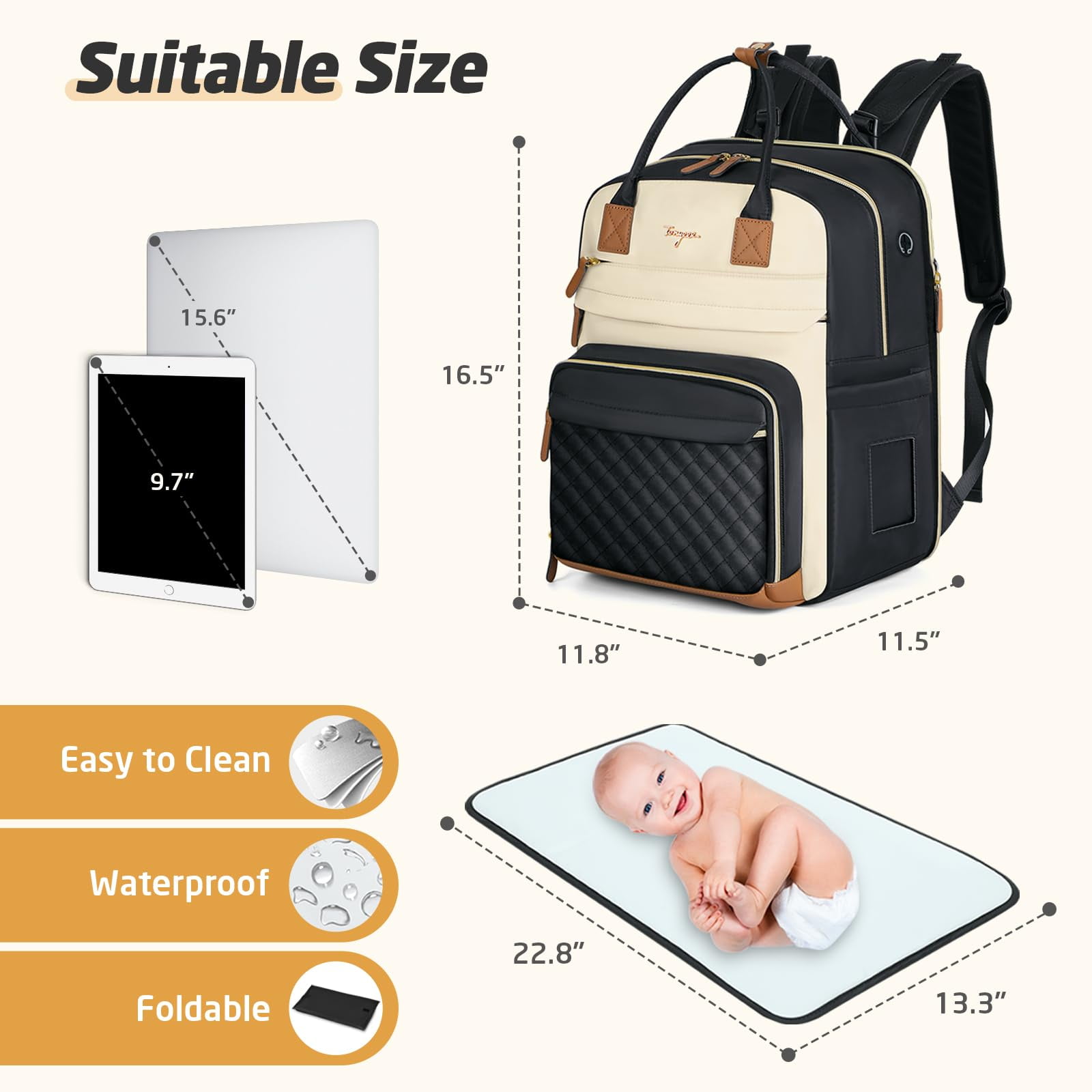 Diaper Bag Backpack - Extra Large Diaper Bag for 2 Kids Twin, Travel Baby Bags for Mom Dad 25-37L Expandable with Changing Pad Earphone Hole, Apricot Black