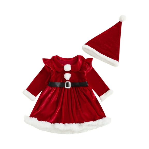 Miaouyo Infant Baby Girl Christmas Romper Dress 0 3 6 12 18 24 Months Christmas Red Crew Neck Long Sleeve Plush Trim Jumpsuit with Hat Set