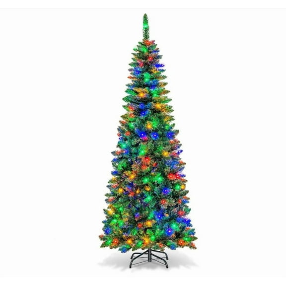 6Ft/7.5Ft/9Ft Pre-Lit Artificial Flocked Pencil Christmas Tree, Xmas Tree with LED Lights, Slim Artificial Holiday Trees, Christmas Decorations for Office, Home, Holiday