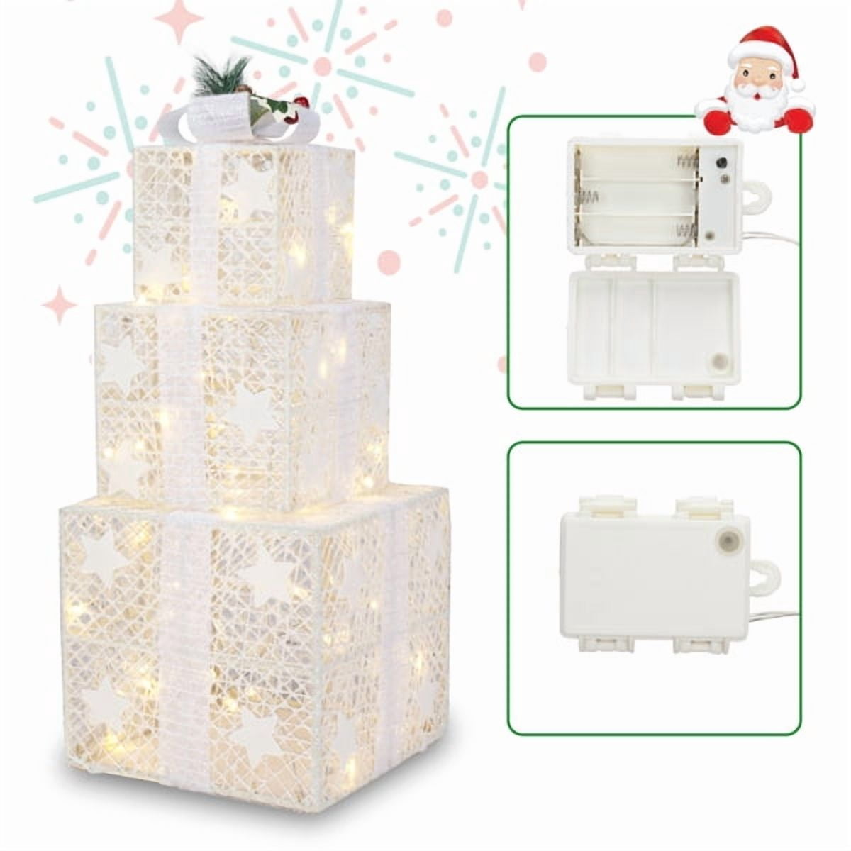 Alvantor 3-Piece Lighted Christmas Gift Box Set, 60 Warm White LEDs, 8 Modes, Battery Operated, White