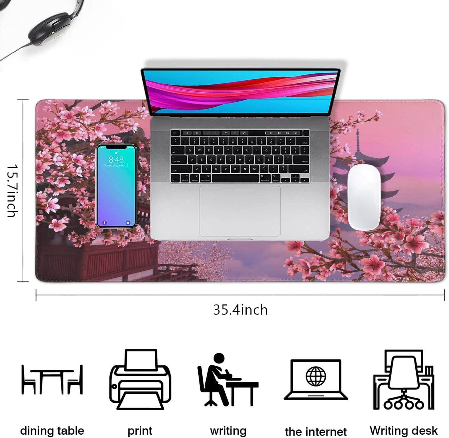Gaming Mouse Pad, Desk Pad with Non-Slip Base Extended Large Mouse Pad XXL Keyboard Mouse Pad Desk Mat On Top of Desks for Work, Game, Office, Home - Pink Japanese Cherry Blossom (35.4x15.7 in)