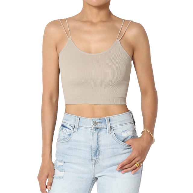 TheMogan Women's Solid Spaghetti Straps Ribbed Seamless Stretch Crop Cami Tank Top