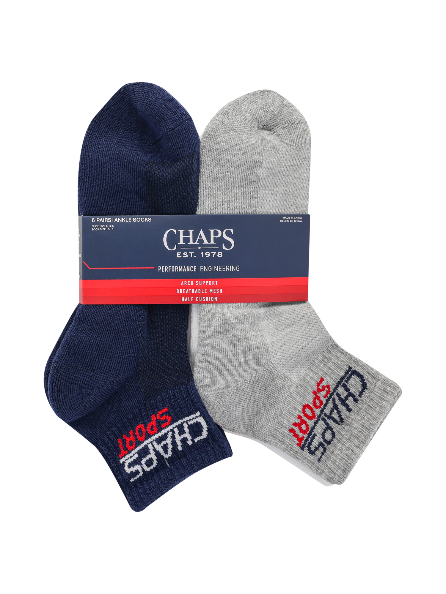 Chaps, Adult Mens, 6-Pack Sports Performance Ankle Socks, Sizes 6-12